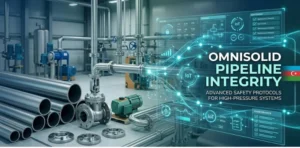 High-pressure pipeline system with glowing IoT safety data interface by Omnisolid.