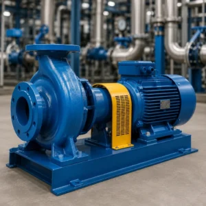 Heavy-duty industrial centrifugal pumps moving fluids in a large manufacturing facility.