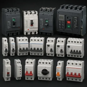 High-performance industrial circuit breakers protecting electrical systems in a manufacturing facility.