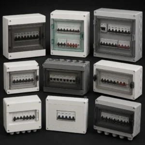 High-performance industrial distribution boxes routing electrical power in a manufacturing facility.