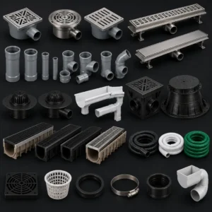 High-performance industrial drainage systems removing wastewater in a manufacturing facility.