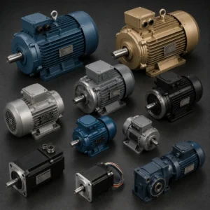Premium industrial electric motors driving machinery in a manufacturing facility.