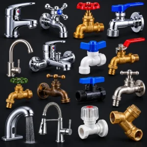 High-performance industrial faucets dispensing fluid in a manufacturing facility.