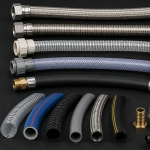 High-performance industrial flexible hoses transporting fluids in a manufacturing facility.