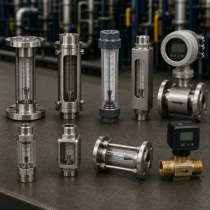 Premium industrial flow meters tracking fluid volume in a manufacturing facility.