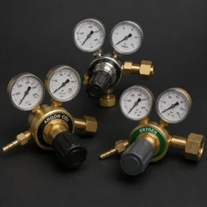 High-performance industrial gas regulator precisely controlling welding gas flow from a cylinder.