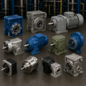 Premium industrial gear reducers transmitting power in a manufacturing facility.