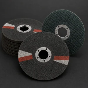 High-performance industrial grinding disc smoothing a weld bead on steel plate in a workshop.