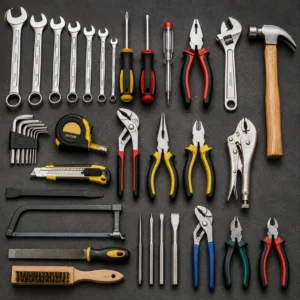 High-performance industrial hand tools maintaining machinery in a manufacturing facility.