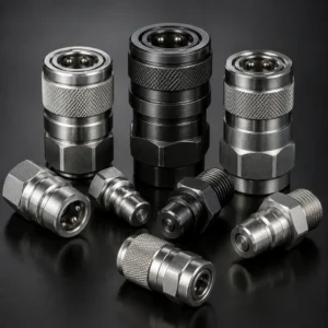 Heavy-duty industrial hydraulic couplings connecting large manufacturing fluid lines.