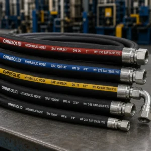 Heavy-duty industrial hydraulic hoses connected to manufacturing machinery.