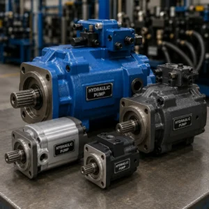 Heavy-duty industrial hydraulic pumps powering large manufacturing machinery.