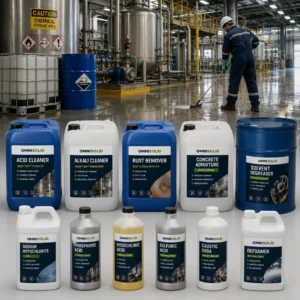 Large barrels and containers of high-purity industrial chemicals in a manufacturing plant.