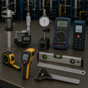 Premium industrial measuring instruments checking product dimensions in a manufacturing facility.