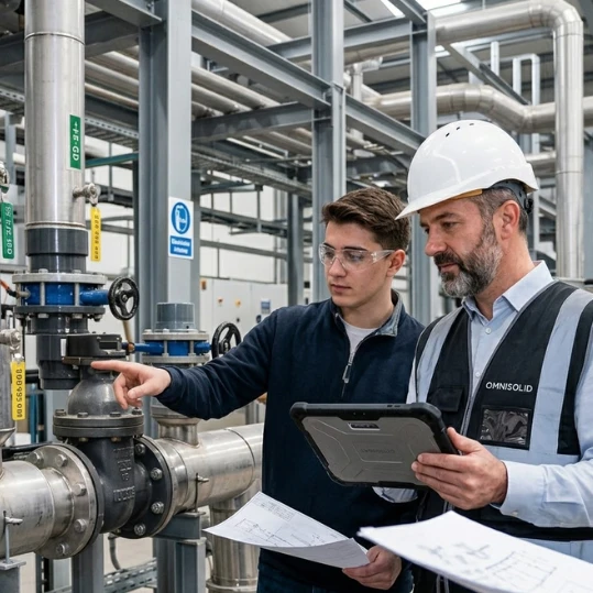 Omnisolid industrial engineering team inspecting piping systems in Baku Azerbaijan