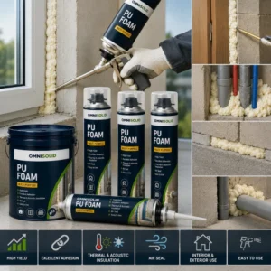 Expanding industrial PU foam used for gap filling, thermal insulation, and pipe sealing in construction.