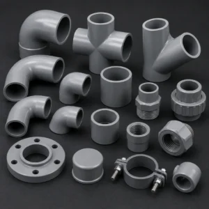 High-performance industrial pipe fittings connecting pipelines in a manufacturing facility.