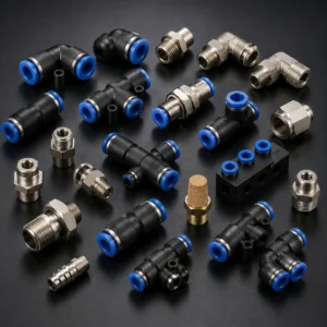 Heavy-duty industrial pneumatic fittings connecting large manufacturing air lines.