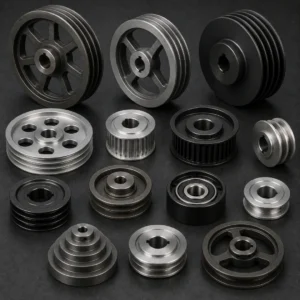 Premium industrial pulleys guiding belts in a manufacturing facility.