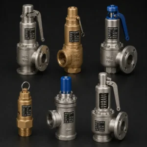 Premium industrial safety valves providing automatic pressure relief in a manufacturing facility.