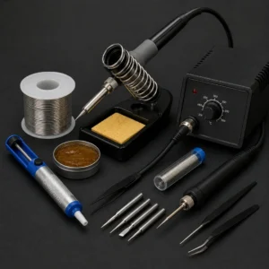High-performance industrial soldering tools performing precise electronic assembly on a circuit board in a manufacturing facility.