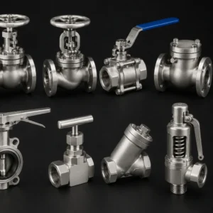 Premium industrial stainless steel valves controlling aggressive fluids in a manufacturing facility.