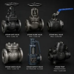 Premium industrial steam valves controlling high-temperature steam in a manufacturing facility.