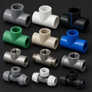 High-performance industrial tees branching fluid flow in a manufacturing facility.