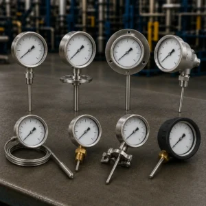 Premium industrial temperature gauges monitoring fluid heat in a manufacturing facility.