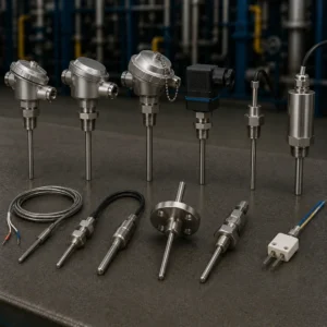 Premium industrial temperature sensors tracking thermal data in a manufacturing facility.