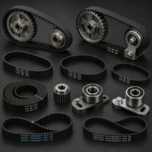Premium industrial timing belts synchronizing machinery in a manufacturing facility.