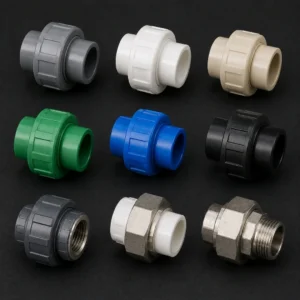 High-performance industrial unions connecting pipes in a manufacturing facility.