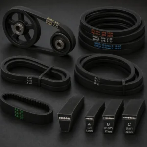 Premium industrial V-belts transferring power in a manufacturing facility.