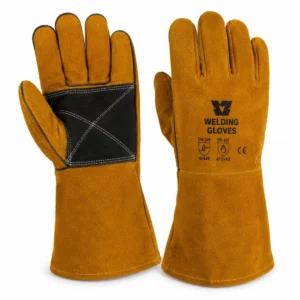 High-performance industrial welding gloves protecting a worker's hands from sparks and heat during metal assembly.